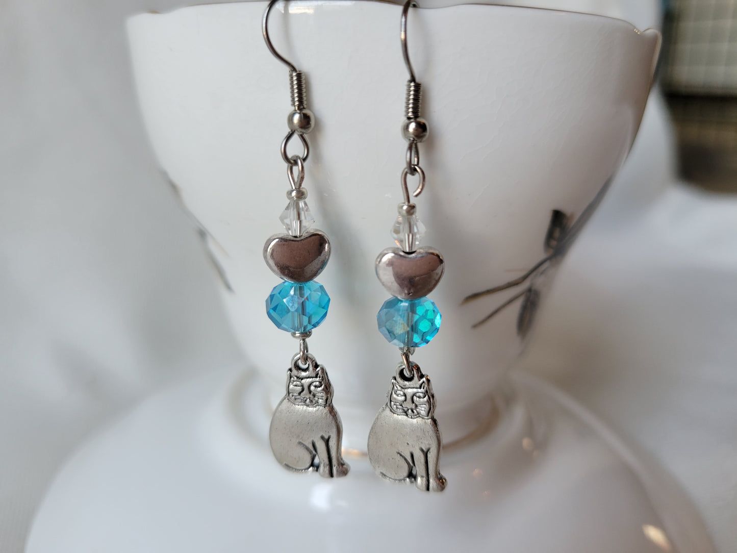 Cat Earrings Love MyTabby Cat Kitten Turquoise Blue Crystal Dangle Drop Earrings