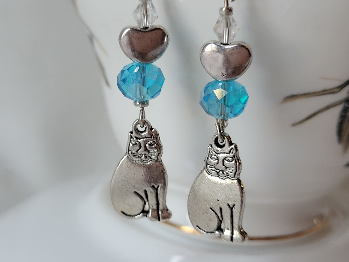 Cat Earrings Love MyTabby Cat Kitten Turquoise Blue Crystal Dangle Drop Earrings