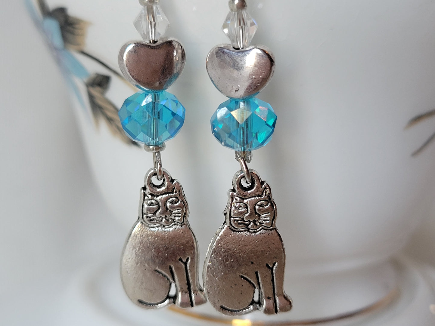 Cat Earrings Love MyTabby Cat Kitten Turquoise Blue Crystal Dangle Drop Earrings