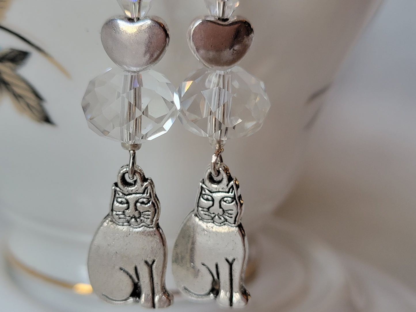 Cat Earrings Love My Tabby Cat Kitten Clear Crystal Dangle Drop Earrings