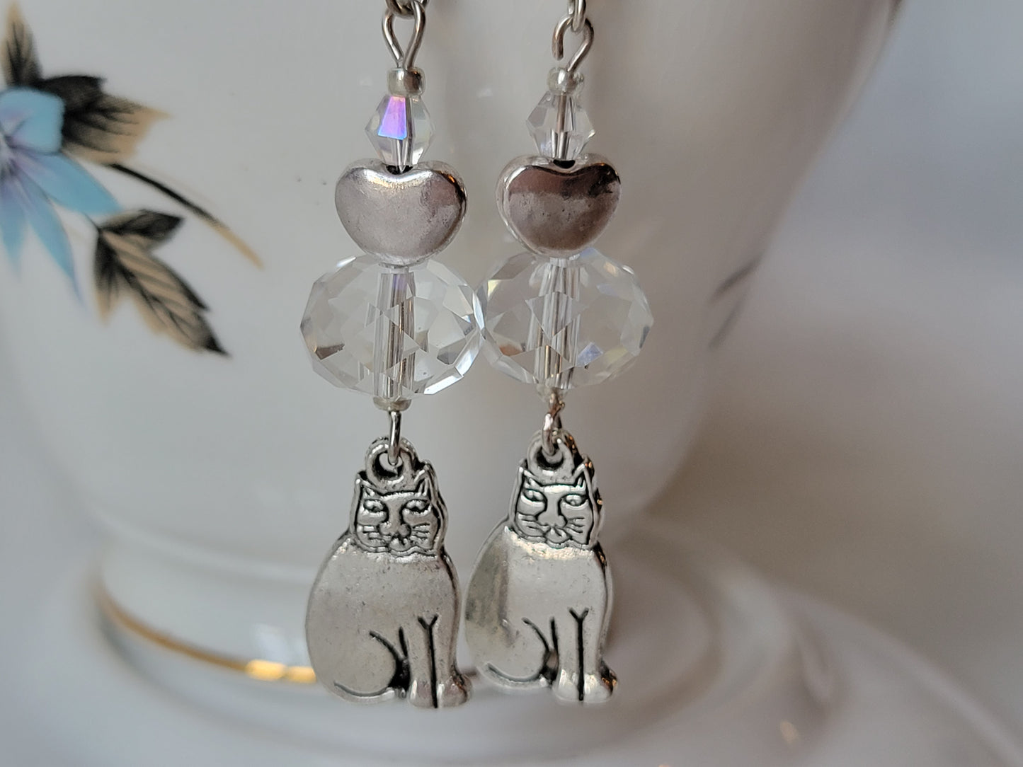 Cat Earrings Love My Tabby Cat Kitten Clear Crystal Dangle Drop Earrings