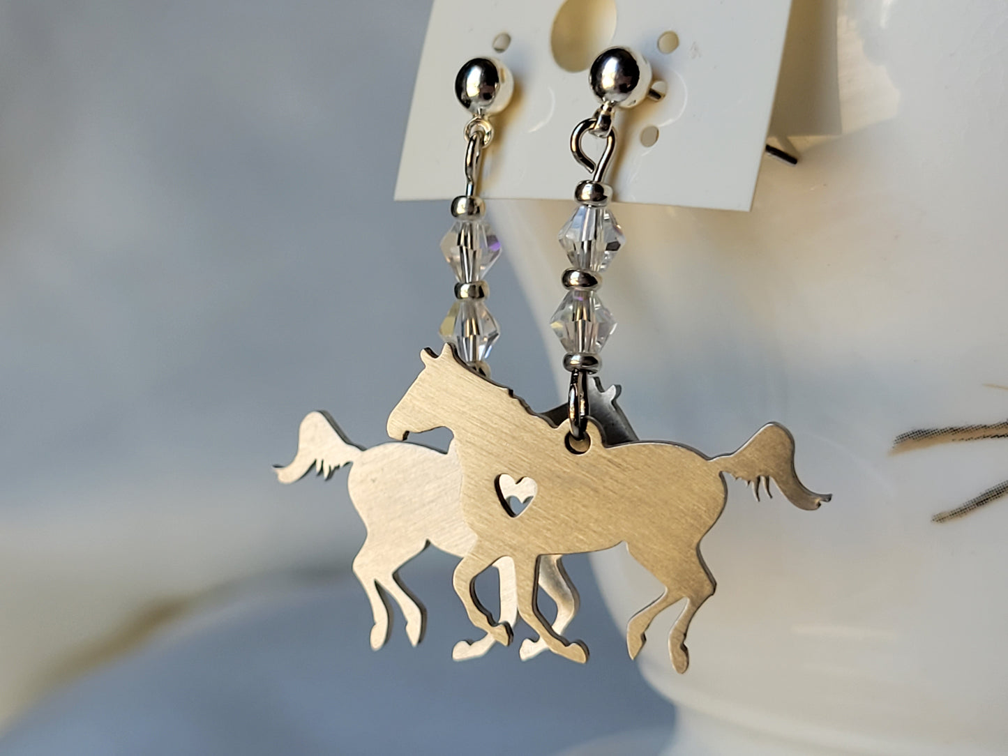 Horse Earrings Horse Heart Crystal POST Dangle Drop Earrings