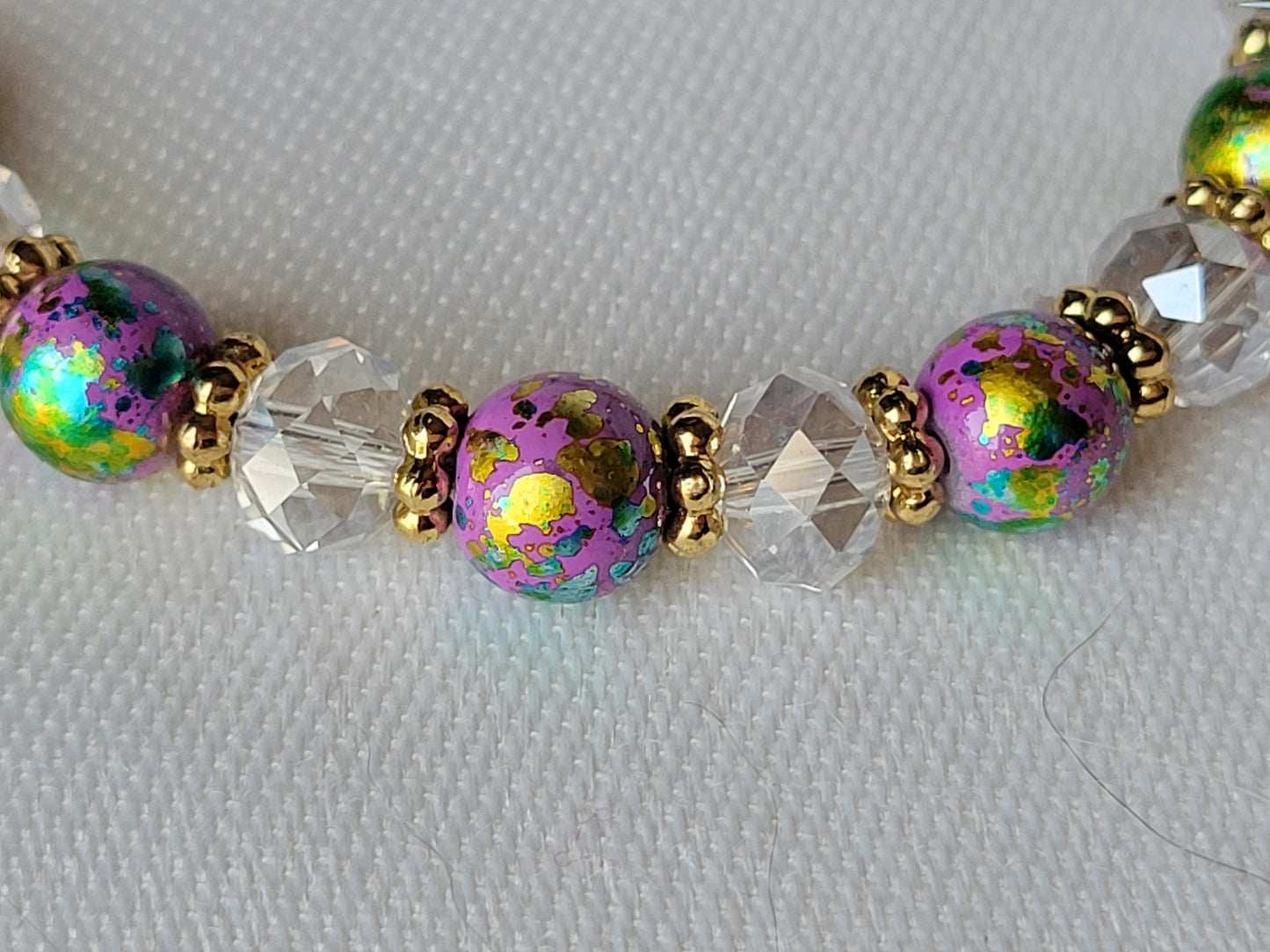 Clear Crystal & Purple Mottled Bead Gold Tone Bracelet Magnetic Clasp