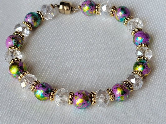 Clear Crystal & Purple Mottled Bead Gold Tone Bracelet Magnetic Clasp