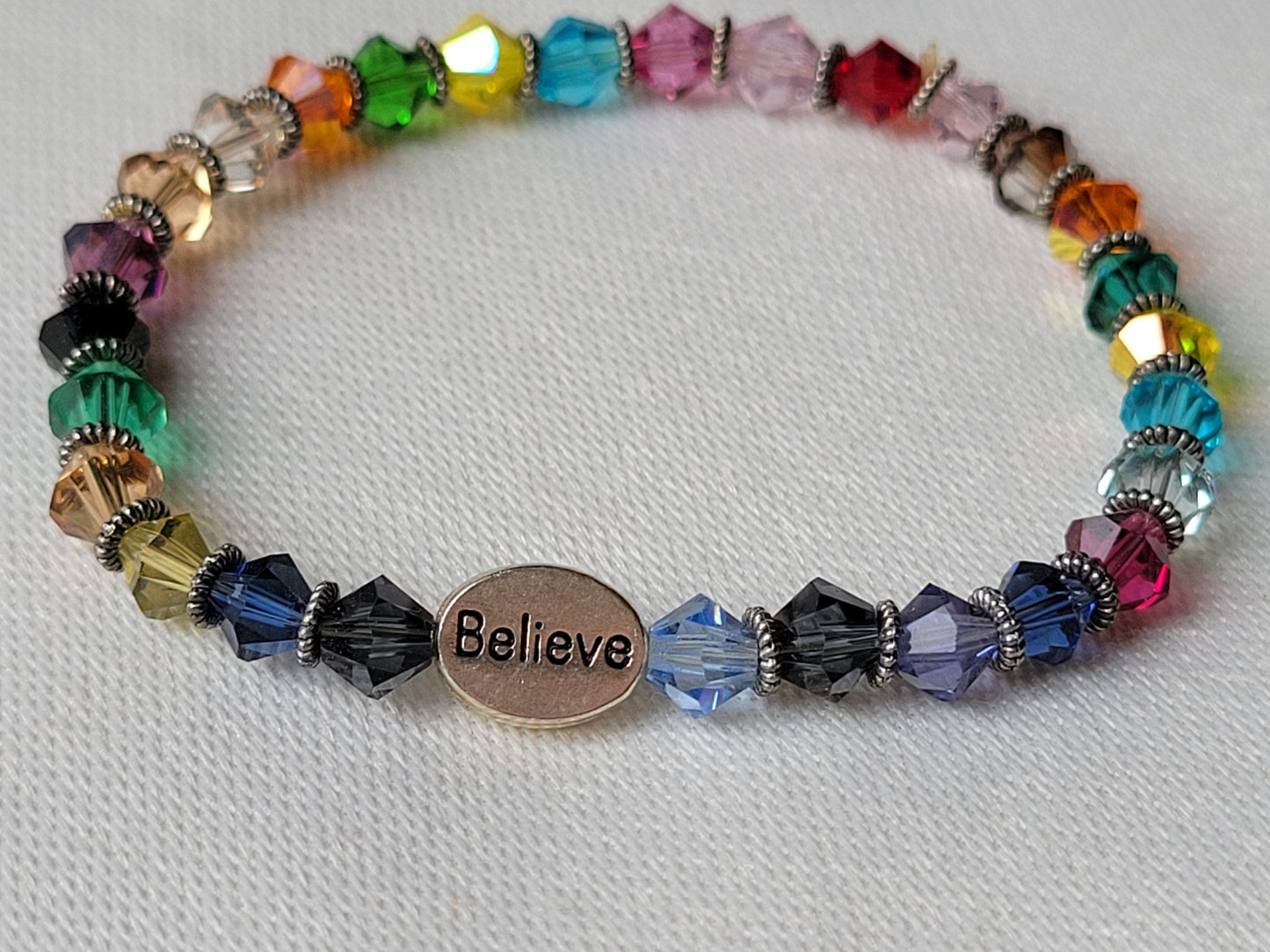 Crystal Multi Color Gemstone BELIEVE Inspirational Beaded Bracelet "Stretchy"