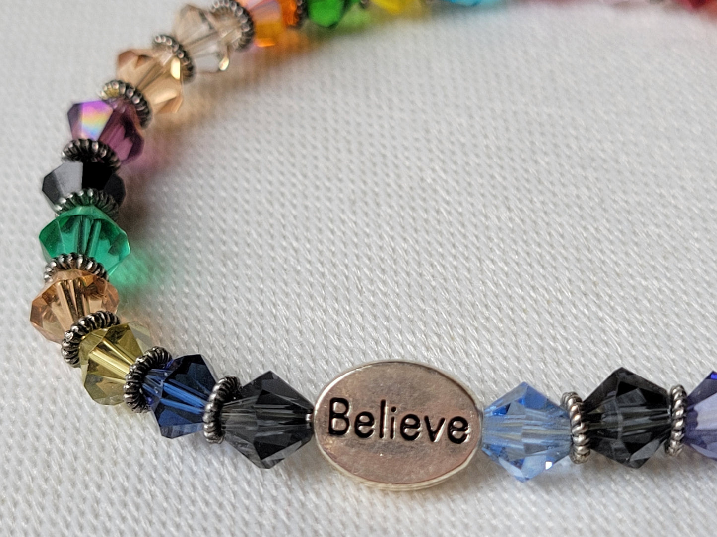 Crystal Multi Color Gemstone BELIEVE Inspirational Beaded Bracelet "Stretchy"