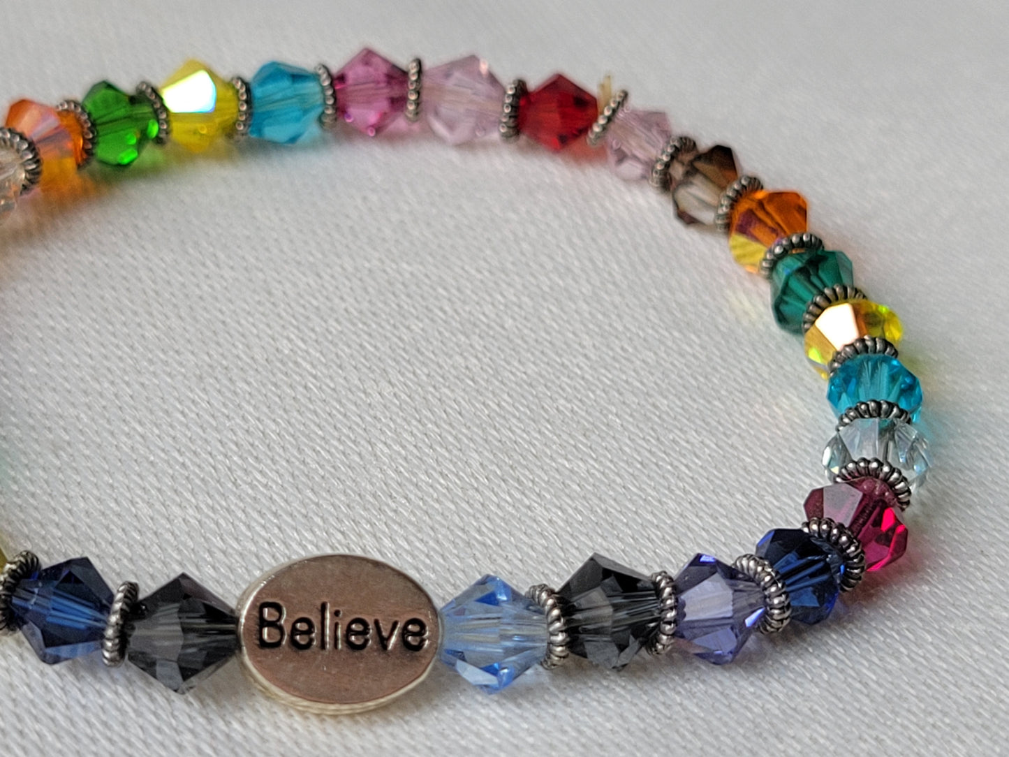 Crystal Multi Color Gemstone BELIEVE Inspirational Beaded Bracelet "Stretchy"