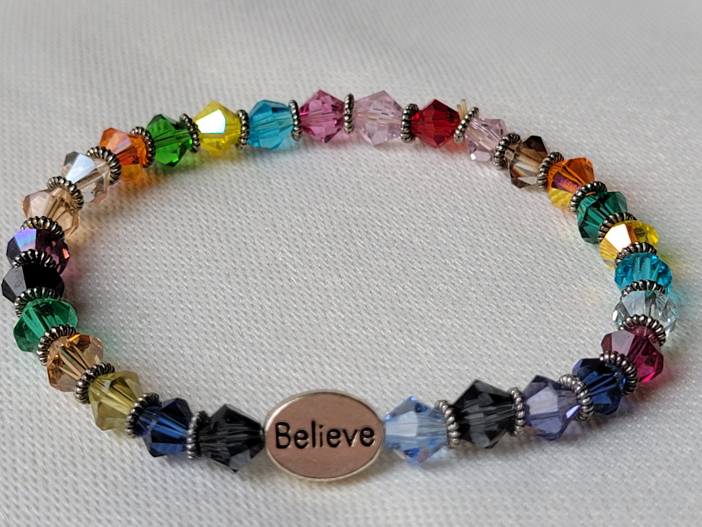 Crystal Multi Color Gemstone BELIEVE Inspirational Beaded Bracelet "Stretchy"