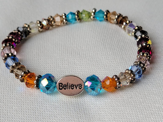 Crystal Multi Color Gemstone BELIEVE Inspirational Beaded Bracelet "Stretchy"