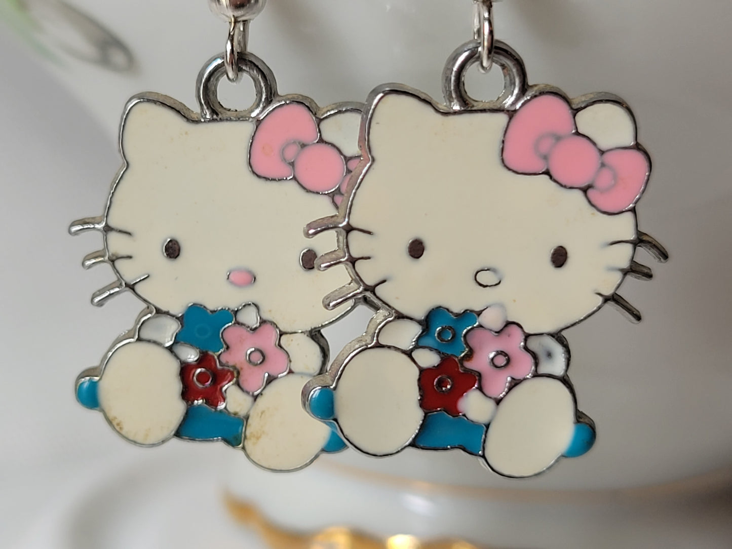 Hello Kitty Blue Dress & Flowers Dangle Drop Earrings