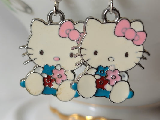 Hello Kitty Blue Dress & Flowers Dangle Drop Earrings