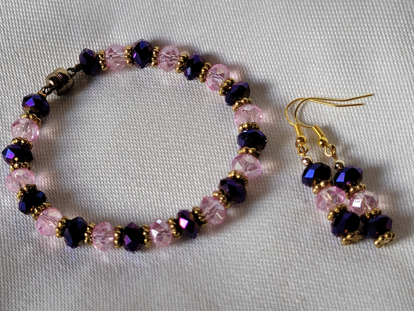 Artisan Pink & Purple Crystal Bracelet with Matching Earrings