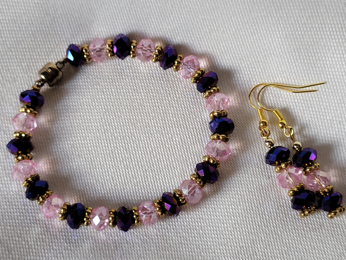 Artisan Pink & Purple Crystal Bracelet with Matching Earrings