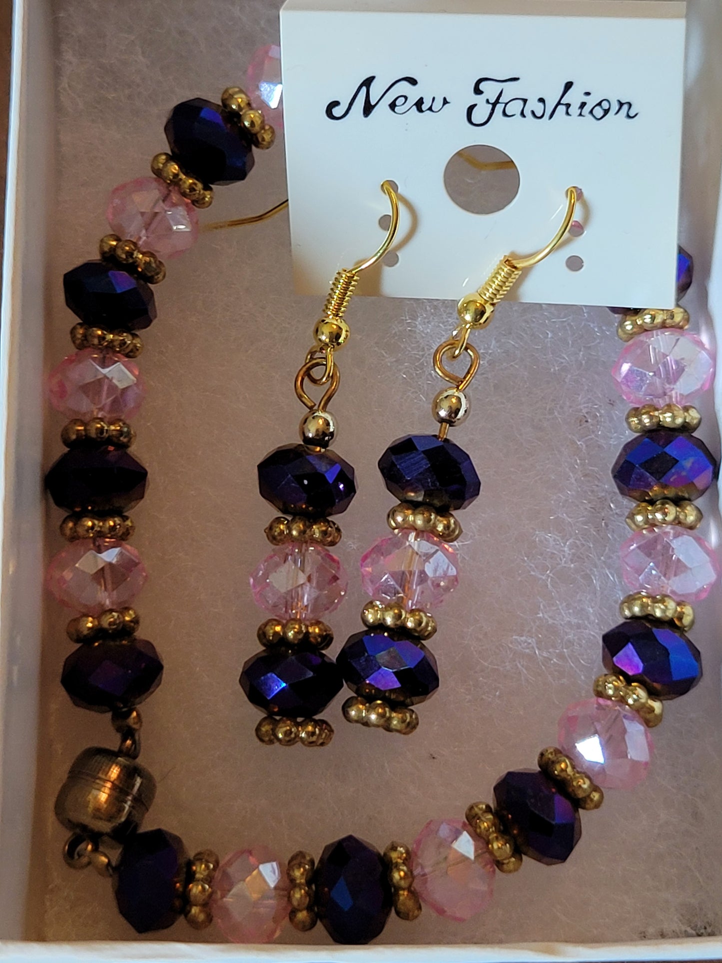 Artisan Pink & Purple Crystal Bracelet with Matching Earrings