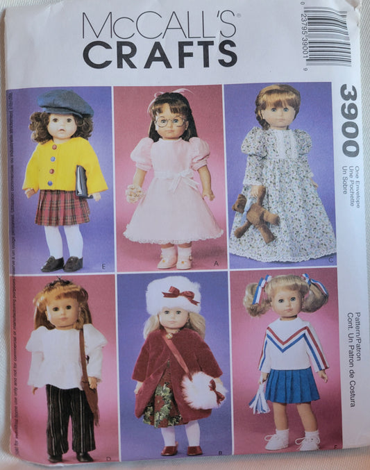 McCalls #3900 Doll Sewing Pattern 18 inch Doll Clothes Dress, Coat. Skirt, Pants