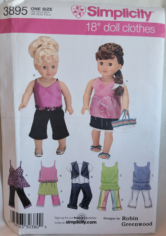 Simplicity #3895 Doll Sewing Pattern 18 inch Doll Clothes Skirt, Pants, Vest, Bag, Sandals