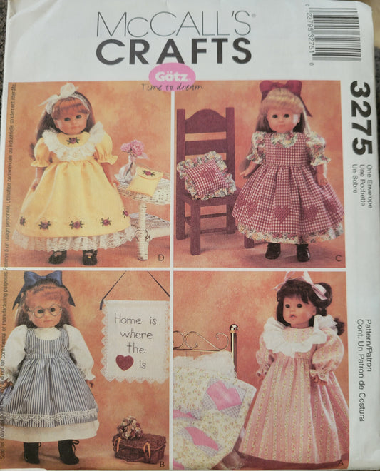 McCalls #3275 Doll Sewing Pattern 18 inch Doll Clothes Dresses, Pinafore, Nightgown