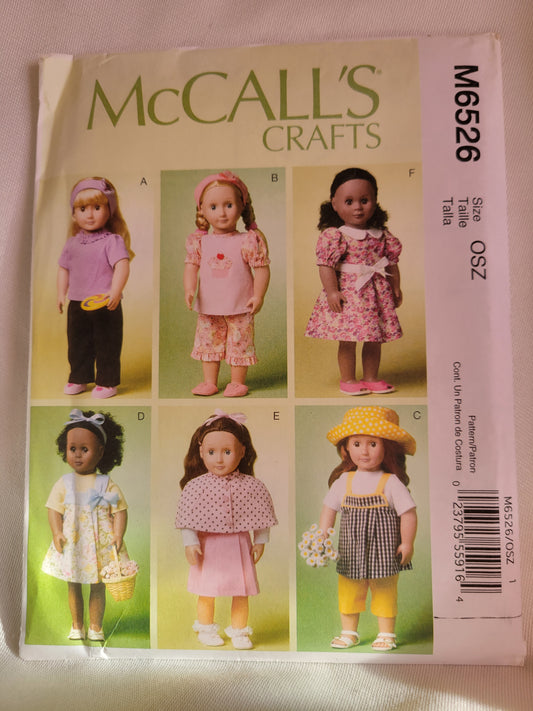 McCalls #M6526 Doll Sewing Pattern 18 inch Doll Clothes Robe, Slippers, Jumper, Cape, Skirt, Top etc