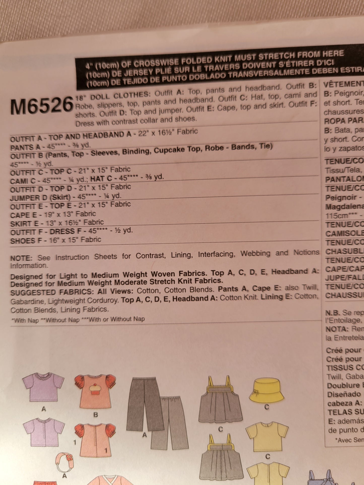 McCalls #M6526 Doll Sewing Pattern 18 inch Doll Clothes Robe, Slippers, Jumper, Cape, Skirt, Top etc