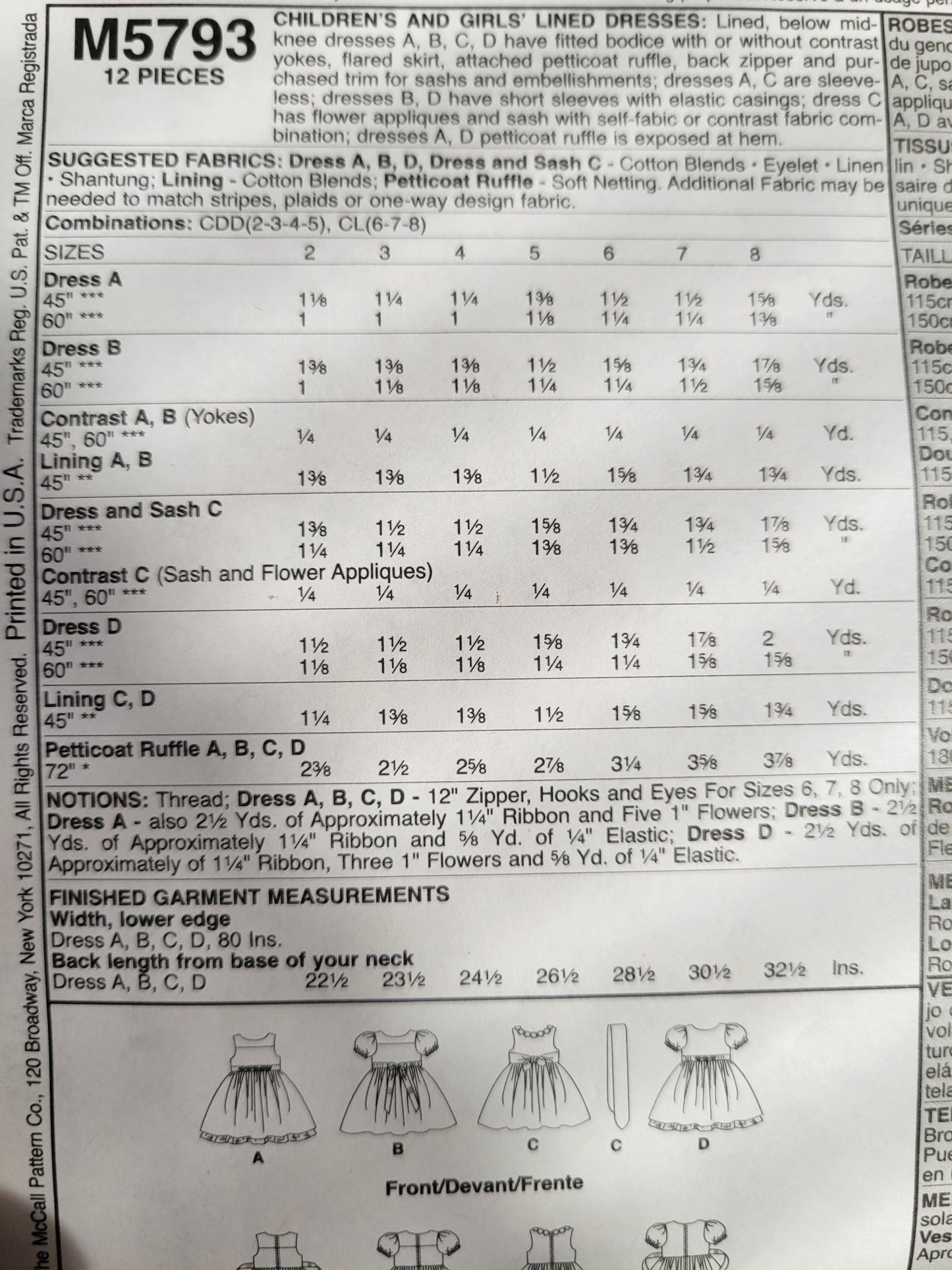 McCalls Pattern #M5793 Childrens Sewing Pattern  (Sx 2-8)  Dress, Petticoat