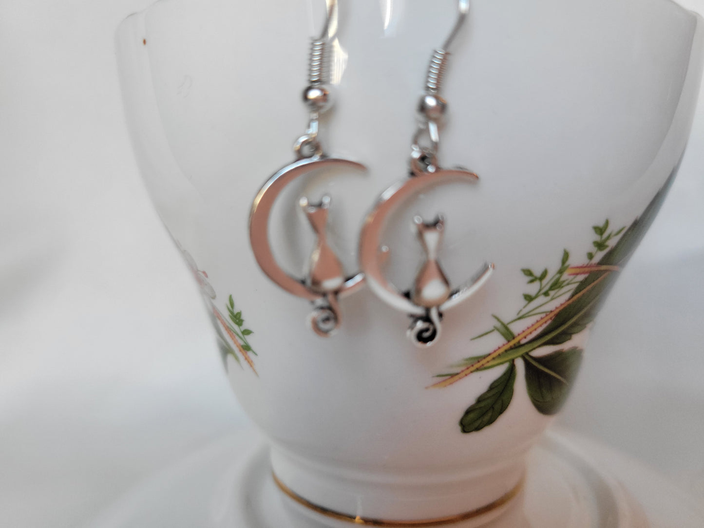 Cat and Crescent Moon Dangle Drop Earrings