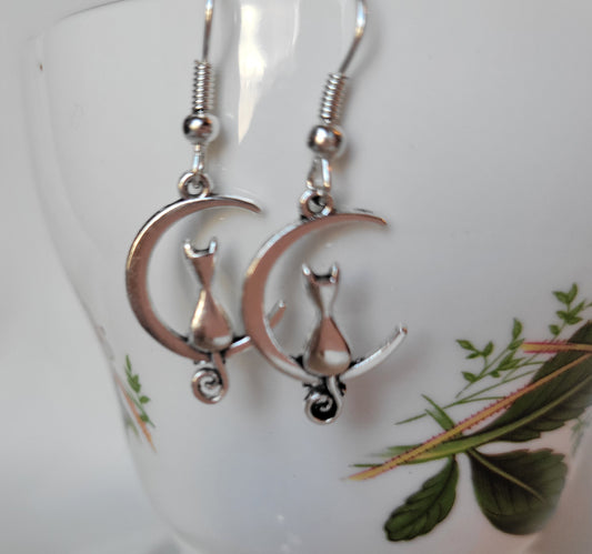 Cat and Crescent Moon Dangle Drop Earrings