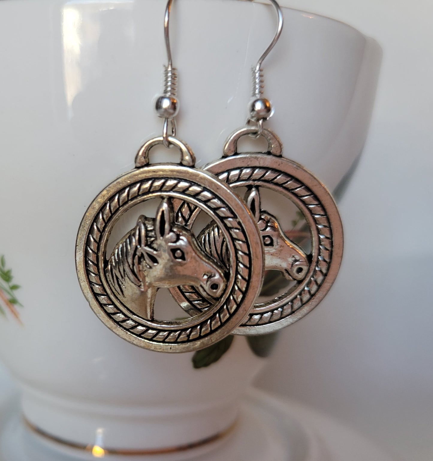 Horse Head Medallion Dangle Drop Earrings Tibetan Silver