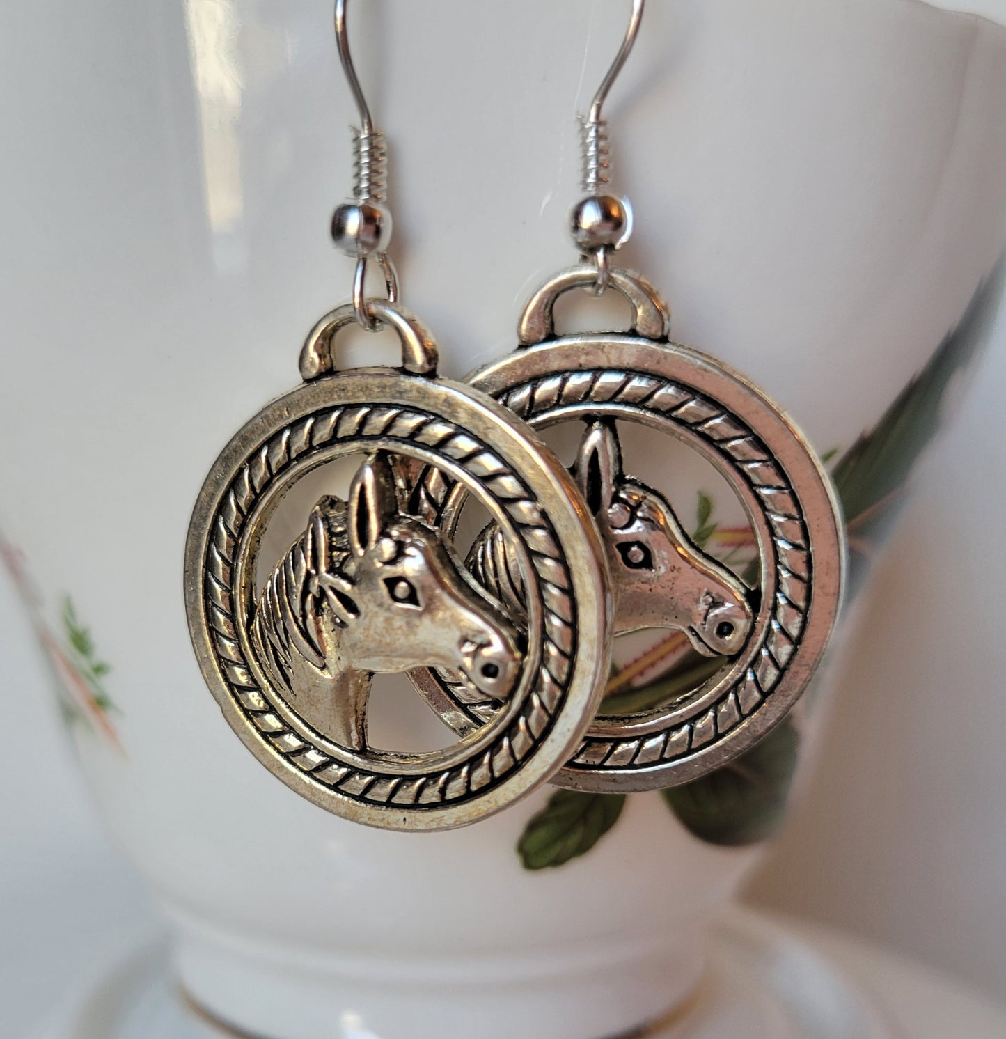 Horse Head Medallion Dangle Drop Earrings Tibetan Silver