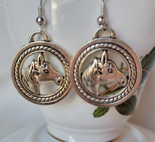 Horse Head Medallion Dangle Drop Earrings Tibetan Silver