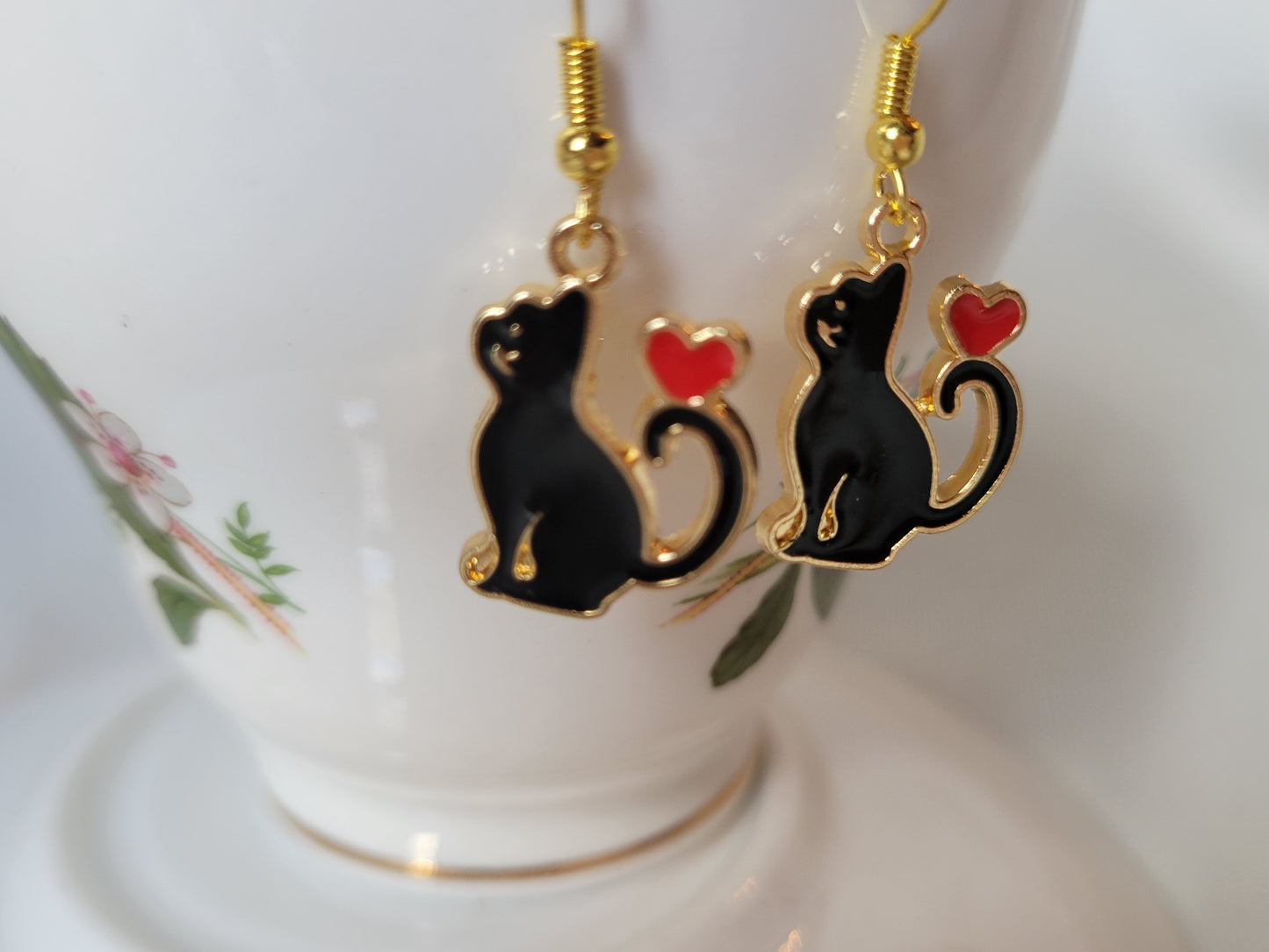 Black Cat with Heart Dangle Drop Earrings