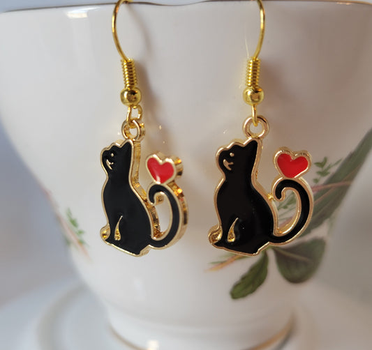 Black Cat with Heart Dangle Drop Earrings