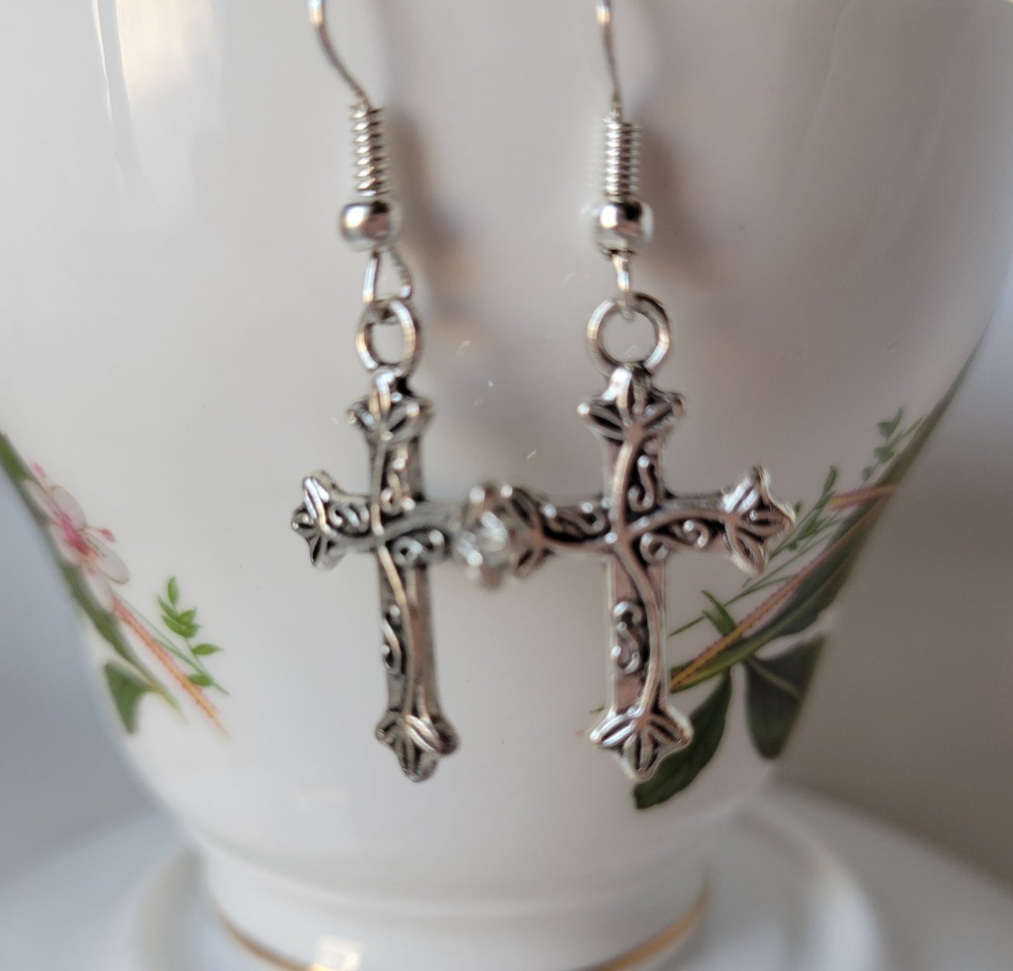 Cross Decorative Dangle Drop Pierced Earrings Tibetan Silver