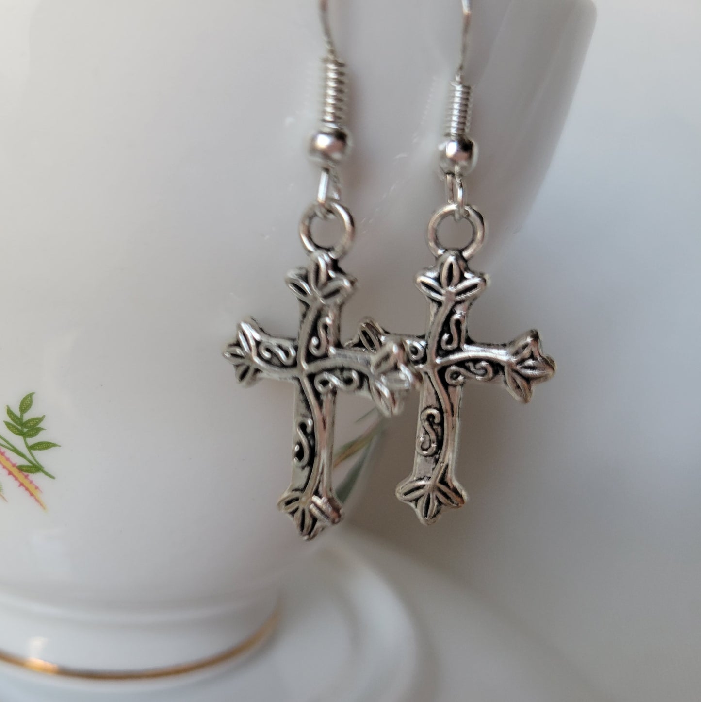 Cross Decorative Dangle Drop Pierced Earrings Tibetan Silver