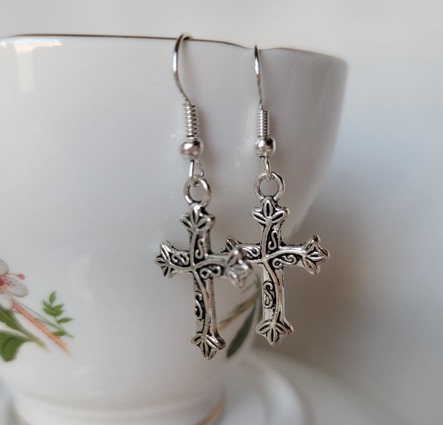 Cross Decorative Dangle Drop Pierced Earrings Tibetan Silver