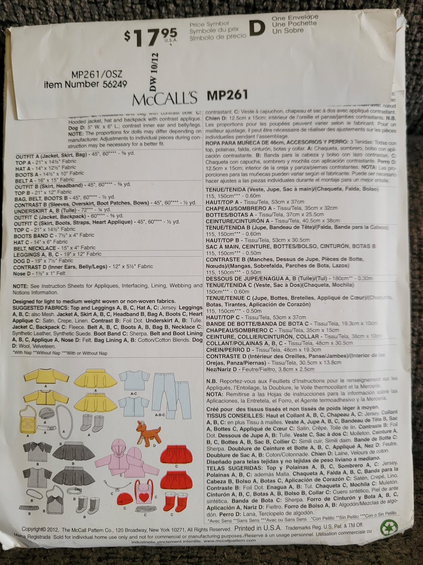 McCalls # MP261 18 Inch Doll Clothes Sewing Pattern Skirt. Blouse. Pants & More