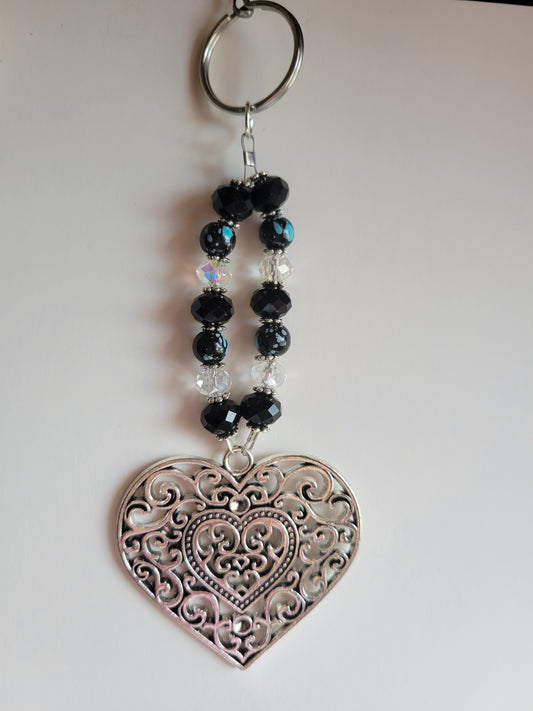 Filigree Heart Crystal Bling Key Chain (Black/Turquoise/Clear)