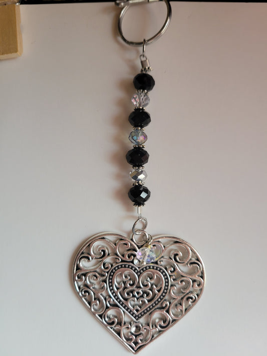 Filigree Heart Crystal Bling Key Chain (Black/Clear)