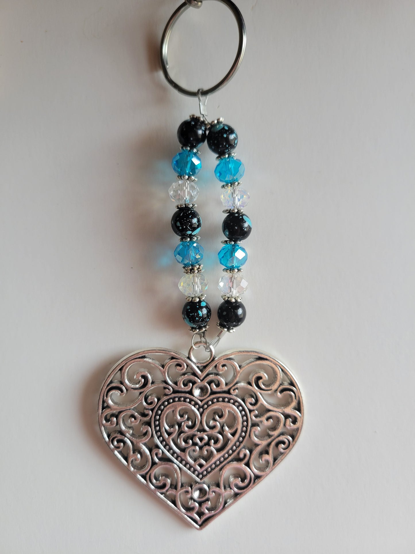 Filigree Heart Crystal Bling Key Chain (Black/Turquoise/Clear)