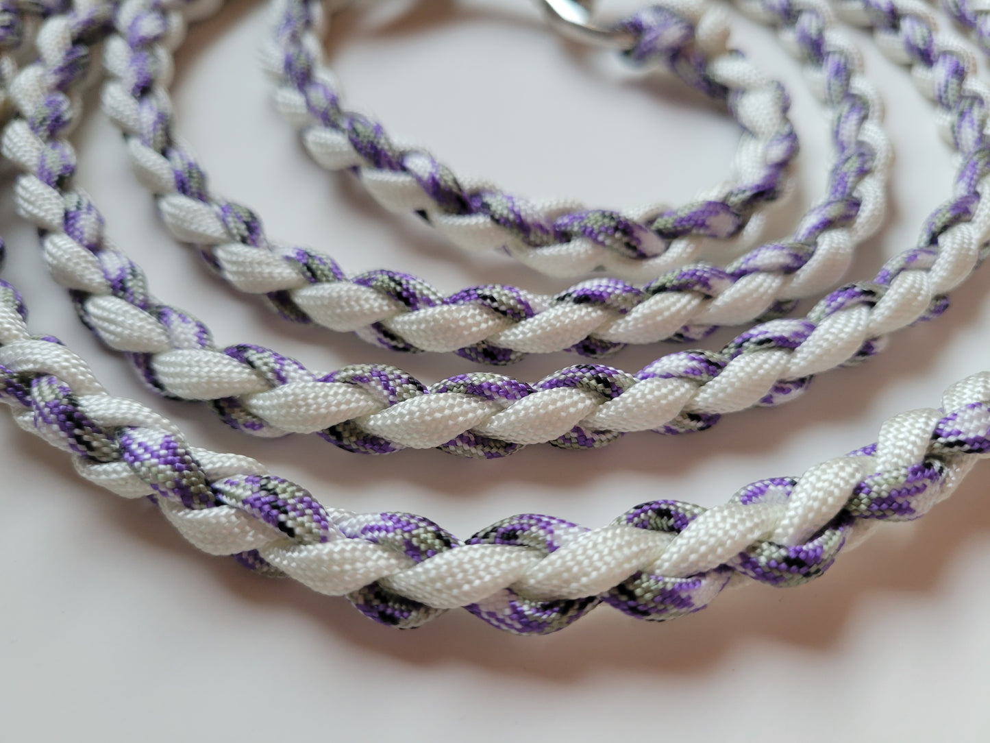 Paracord Braided Dog Leash Lead 5 1/2 ft (White & Purple Camo) Med or Lg Dog Training Walking