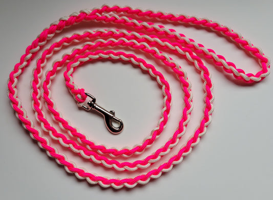 Paracord Braided Dog Leash Lead 5 1/2 ft (Bright Pink & White) Sm to Med Dog Training Walking