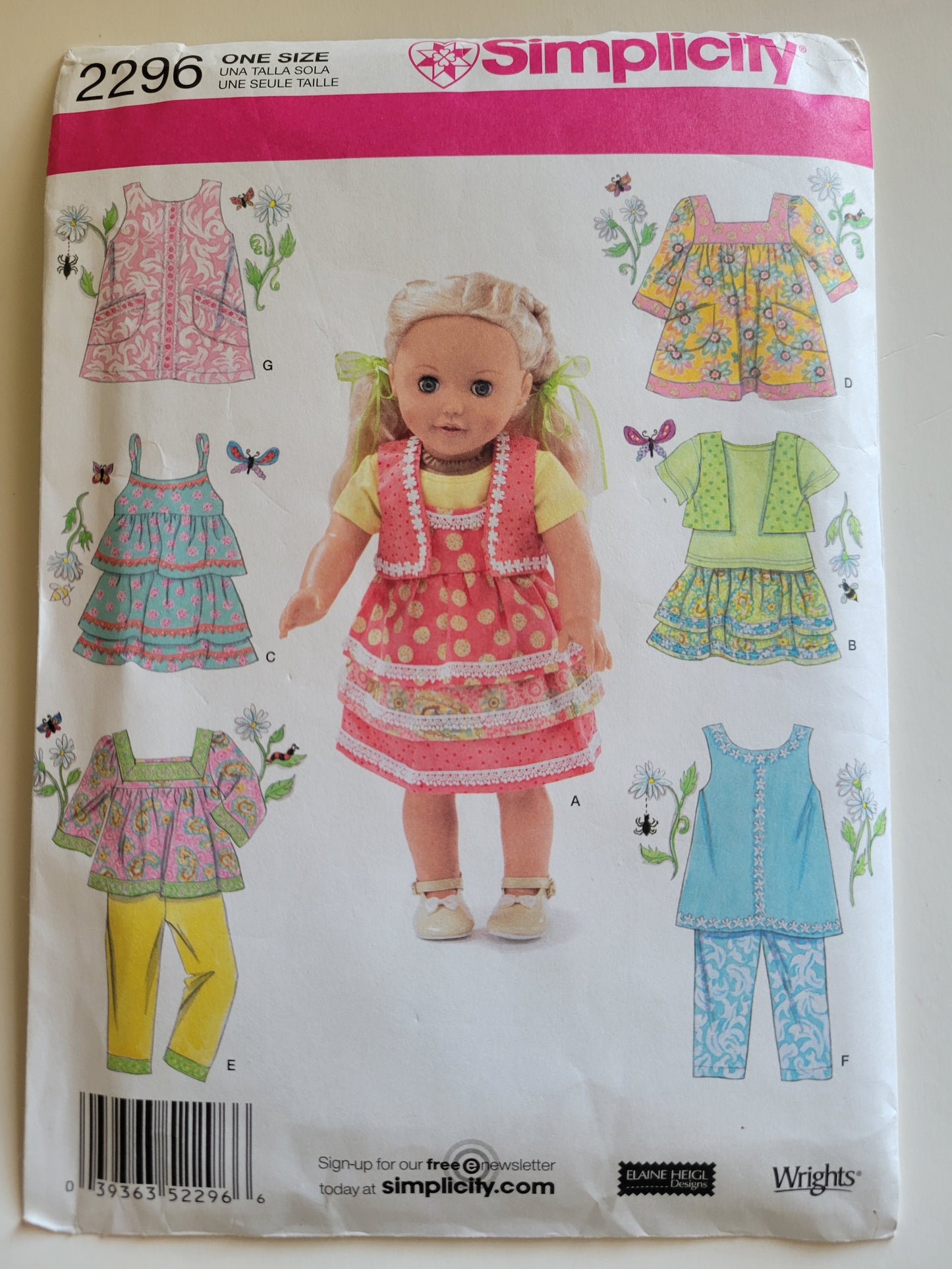 Simplicity #2296 18" Doll Sewing Pattern Dress Top Pants Vest