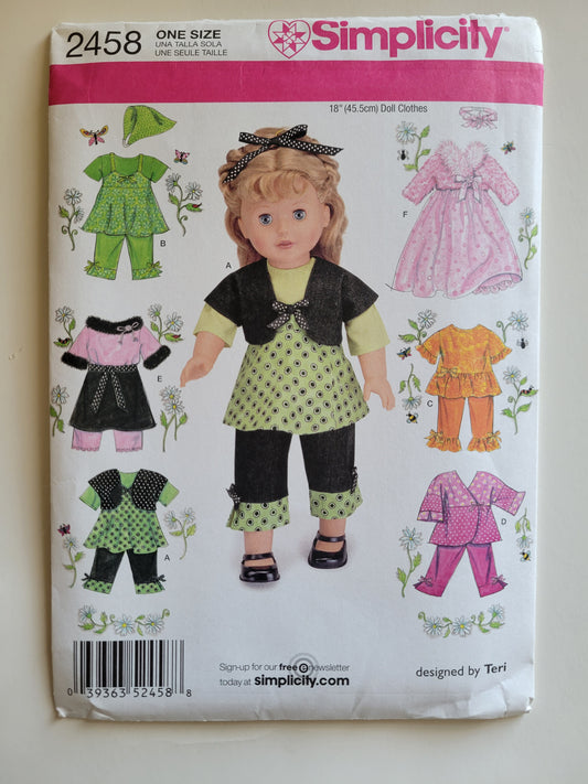 Simplicity #2458 18" Doll Sewing Pattern Sun Dress Scarf Skirt Pants