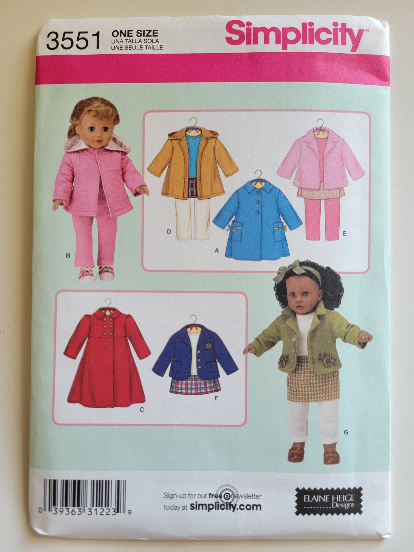 Simplicity #3551 18" Doll Sewing Pattern Coat, Pants, Skirt, Jacket, Top