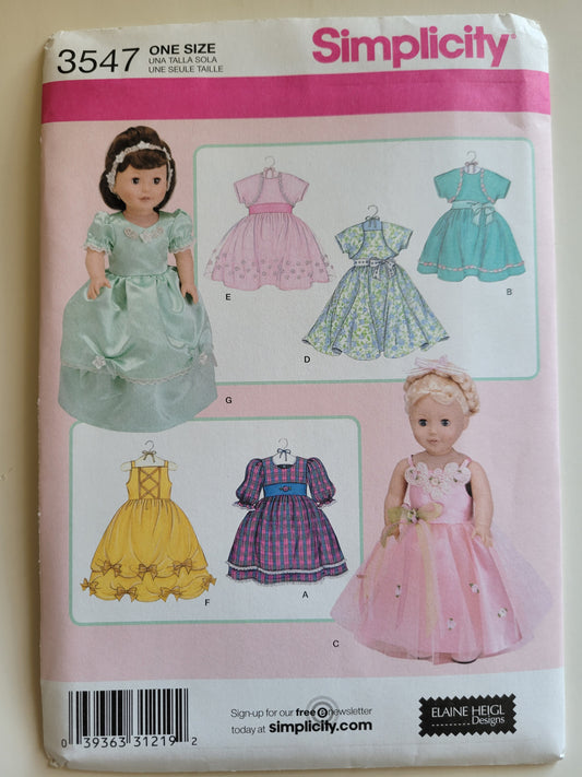 Simplicity #3547 18" Doll Sewing Pattern Dress, Gown