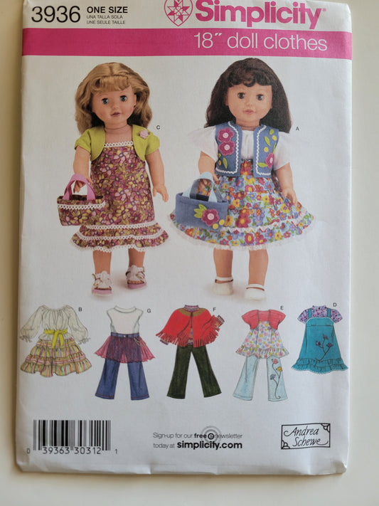 Simplicity #3936 18" Doll Sewing Pattern Skirt, Vest, Jacket, Blouse, Jumper, Pants