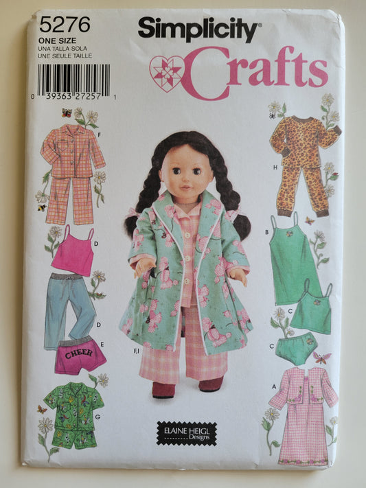 Simplicity #5276 18" Doll Sewing Pattern Robe. Pjs, Cammy Top, Shirt