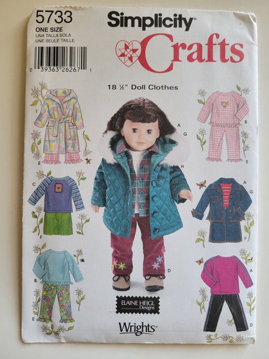 Simplicity #5733 18" Doll Sewing Pattern Robe. Pjs, Coat, Skirt, Pants, Shirt