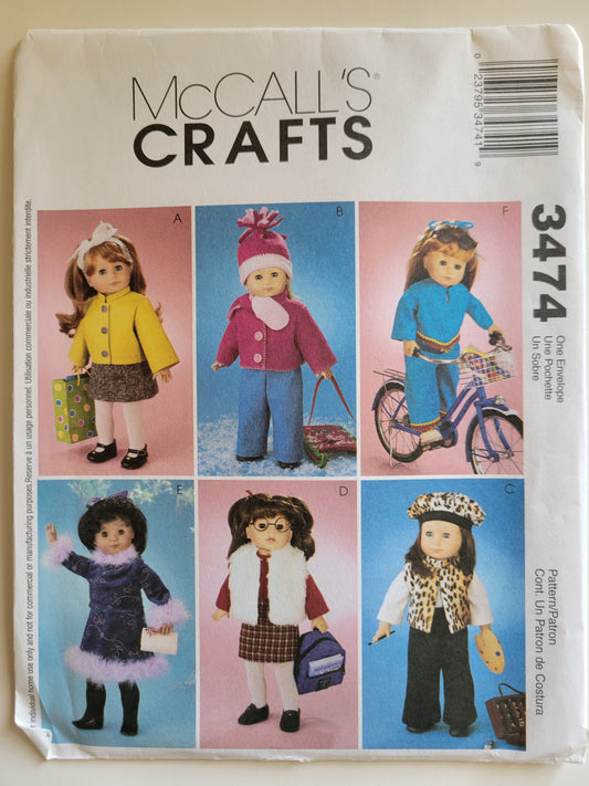 McCalls #3474 18" Doll Sewing Pattern Skirt, Vest, Pants, Jacket