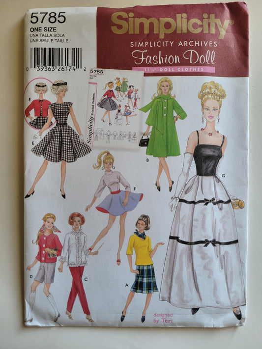 Simplicity #5785 11 1/2 Inch Doll Sewing Pattern Fit BARBIE Dress Gown Skirt Top