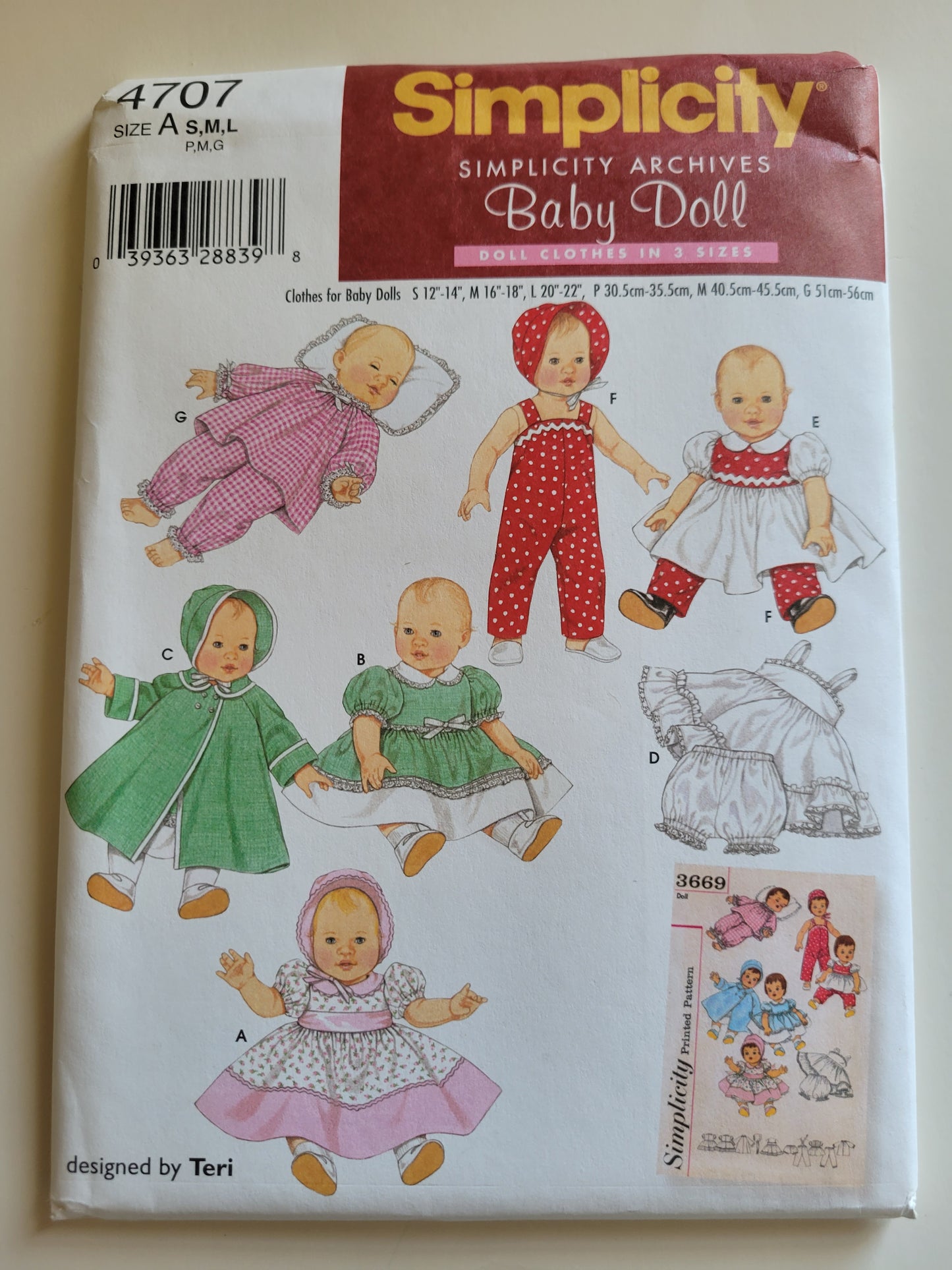 Simplicity #4707 Doll Clothes Pattern 3 Sizes  Dress Coat Slip Panties Overalls